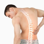 man with visible spine holds his back