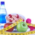 water, healthy food and weights