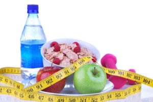 water, healthy food and weights
