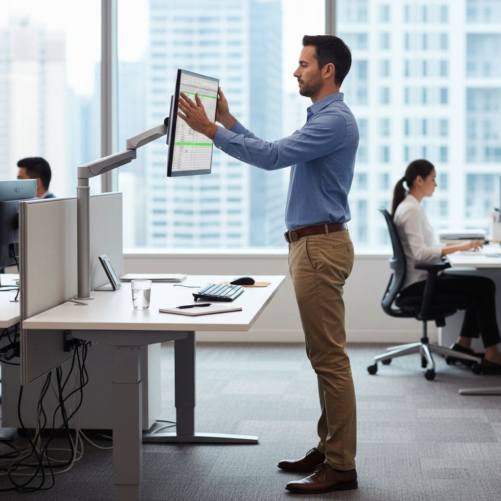 Office ergonomics adjusting height of monitor